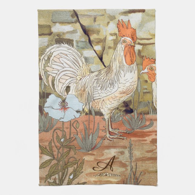 Watercolor French Country Colourful Rooster Tea Towel (Vertical)