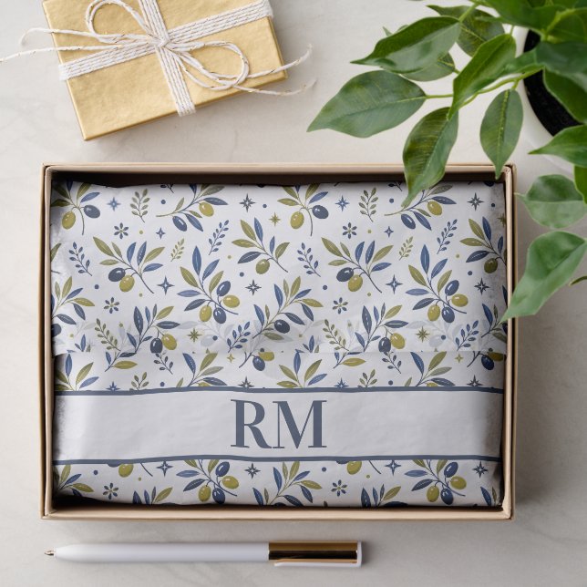 Watercolor French Country Olive Pattern Monogram Tissue Paper (Gift)