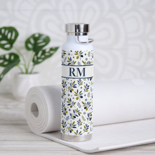 Watercolor French Country Olive Pattern Monogram Water Bottle