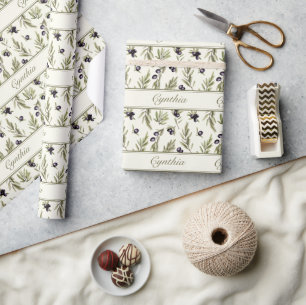 Watercolor French Country Olive Pattern Name Wrapping Paper