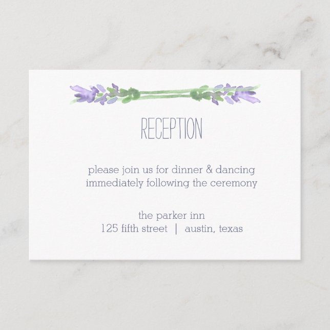 Watercolor French Lavender on White Reception Enclosure Card (Front)