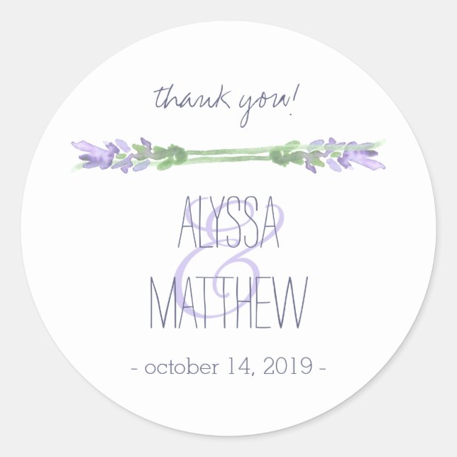 Watercolor French Lavender on White Wedding Classic Round Sticker (Front)