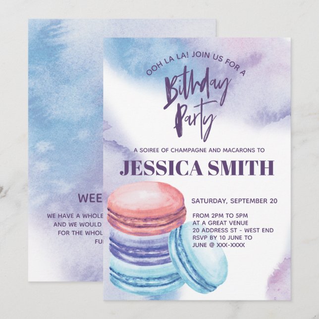 Watercolor French Macaron Birthday Party Invitation (Front/Back)