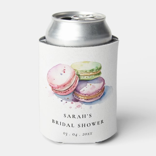 Watercolor French Macarons Bakery Bridal Shower Can Cooler (Can Front)