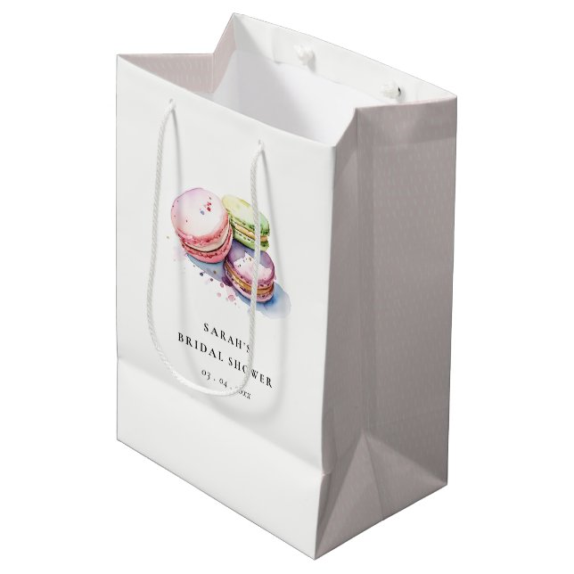 Watercolor French Macarons Bakery Bridal Shower Medium Gift Bag (Front Angled)