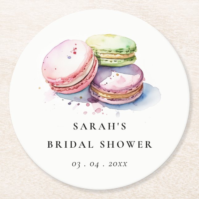 Watercolor French Macarons Bakery Bridal Shower Round Paper Coaster (Front)