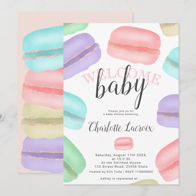watercolor French macarons glitter baby shower Invitation (Front/Back)