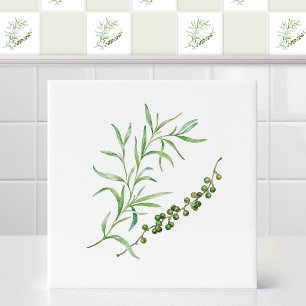 Watercolor French Tarragon Green Peppercorn Sprig Tile