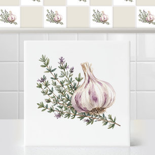Watercolor French Thyme Sprig Garlic Bulb Art Tile