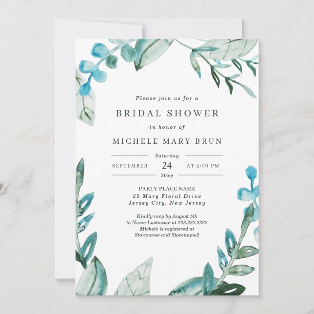 Watercolor Fresh Blue Green Leaves Bridal Shower Invitation (Front)