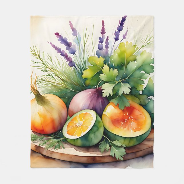 Watercolor Fresh Herbs Citrus Arrangement Fleece Blanket (Front)