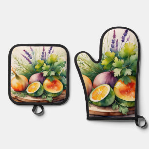 Watercolor Fresh Herbs Citrus Arrangement Oven Mitt & Pot Holder Set