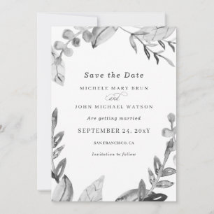 Watercolor Fresh White Grey Leaves Winter Wedding Save The Date