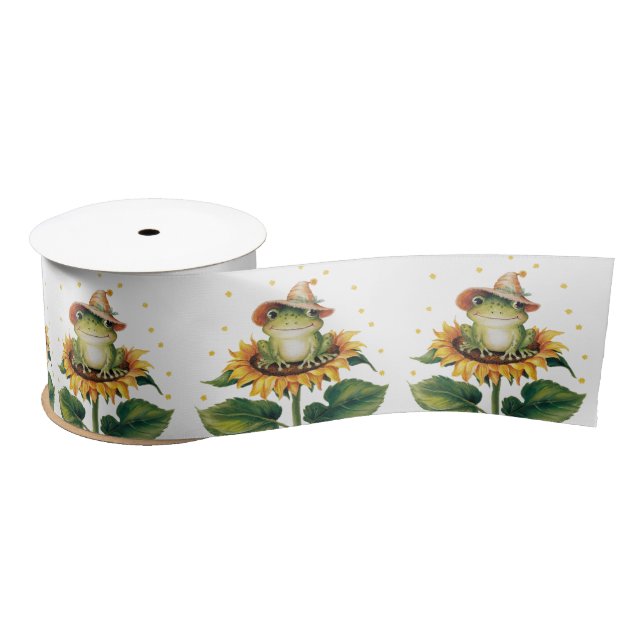Watercolor Frog Sitting On a Sunflower Satin Ribbon (Spool)
