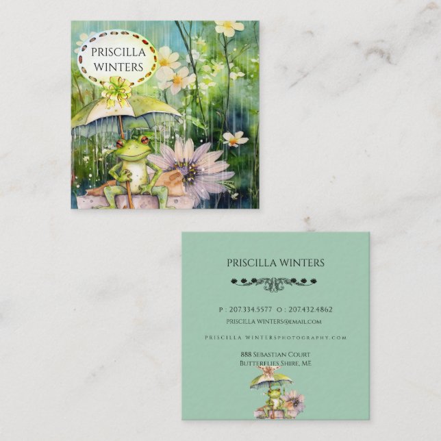  Watercolor Frog Umbrella Rain Teal Square Business Card (Front/Back)