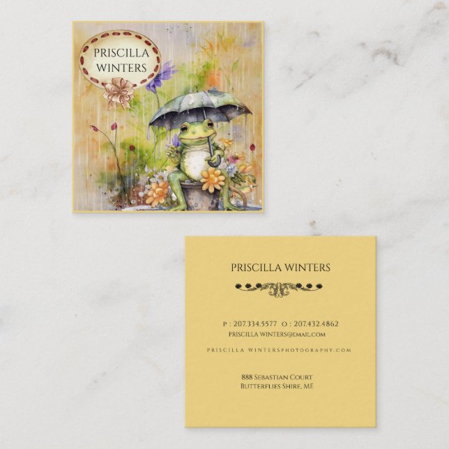  Watercolor Frog Umbrella Square Business Card (Front/Back)