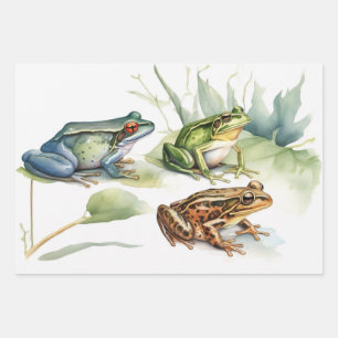 Watercolor Frog with Tropical Flowers Wrapping Paper Sheet