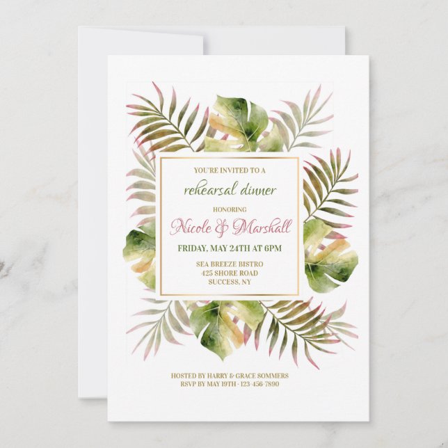 Watercolor Fronds Rehearsal Dinner Invitation (Front)