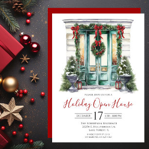 Watercolor Front Door Holiday Open House Invitation
