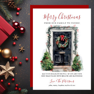 Watercolor Front Door Merry Christmas Holiday Card