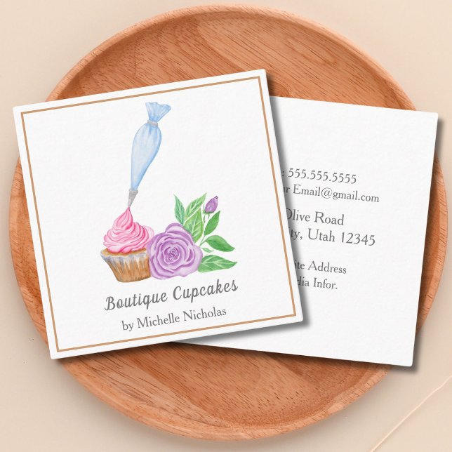 Watercolor Frosting Cupcake Bakery, Catering Square Business Card (Creator Uploaded)