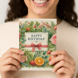 Watercolor Fruit Flowers Greenery Happy Birthday Card