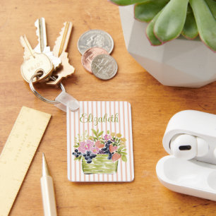 Watercolor Fruits and Flowers Basket on Stripes Key Ring