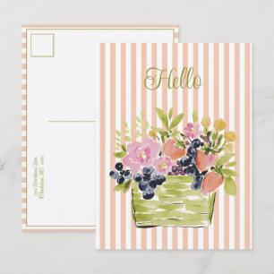 Watercolor Fruits and Flowers Basket on Stripes Postcard