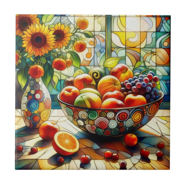 Watercolor Fruits and Flowers Ceramic Tile (Front)