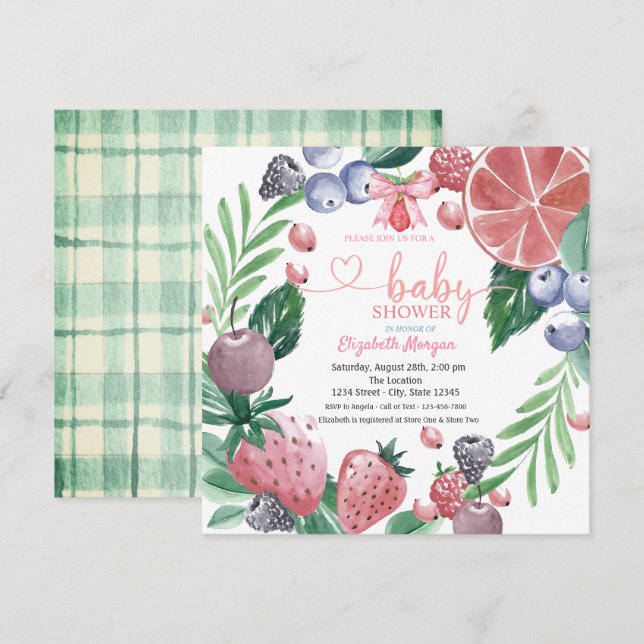 Watercolor Fruits Berry Plaid Sweet Baby Shower Invitation (Front/Back)