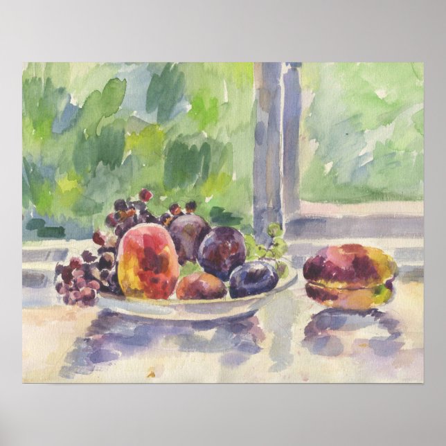 Watercolor, fruits in a bowl on the window poster (Front)