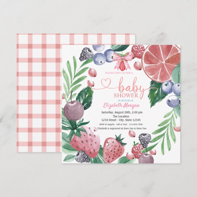 Watercolor Fruits Plaid Red Berry Sweet Invitation (Front/Back)