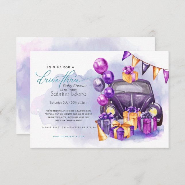 Watercolor Fuchsia Amethyst Drive-Thru Baby Shower Invitation (Front/Back)