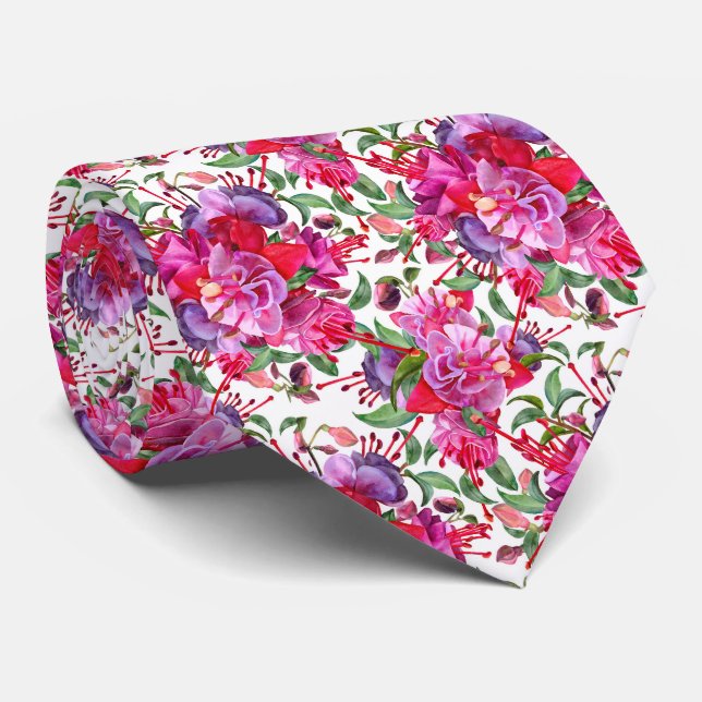 Watercolor Fuchsia Blooms Tie (Rolled)