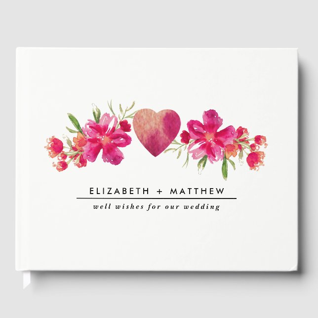 Watercolor Fuchsia Floral Painting Wedding Guest Book (Front)