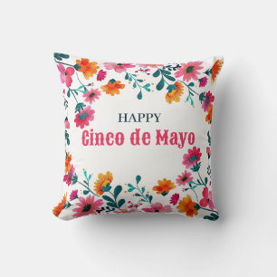 Watercolor Fuchsia Flowers Happy Cinco de Mayo Cushion