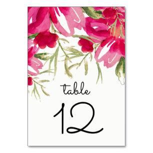 Watercolor Fuchsia Flowers Wedding  Table Number