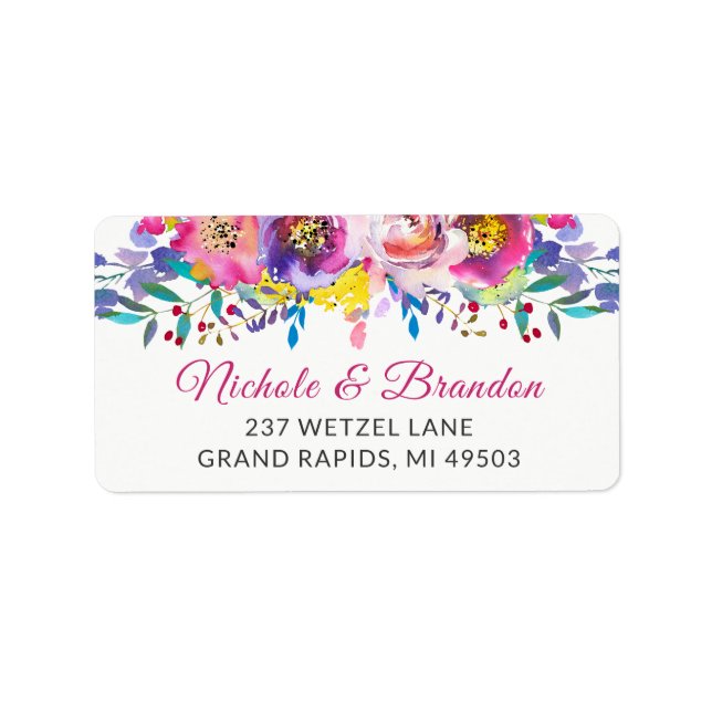 Watercolor Fuchsia Gold Blossom Floral Address Label (Front)