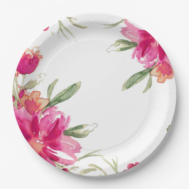 Watercolor Fuchsia Green Floral Graduation Party  Paper Plate (Front)