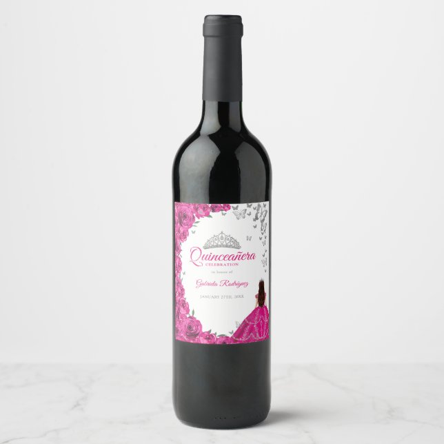 Watercolor Fuchsia Pink Floral Quinceanera Wine Label (Front)