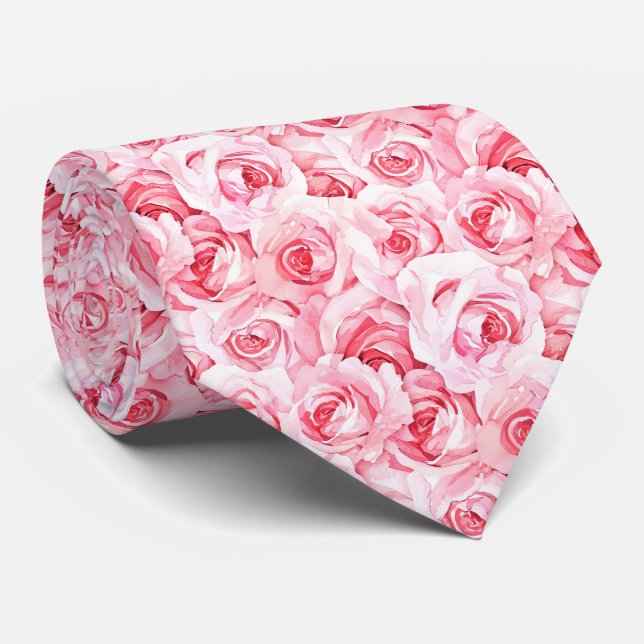 Watercolor fuchsia pink roses tie (Rolled)