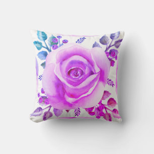 Watercolor Fuchsia Rose Print Floral Throw Pillow