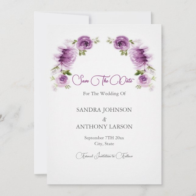 Watercolor Fuchsia Roses and Peonies Save The Date (Front)