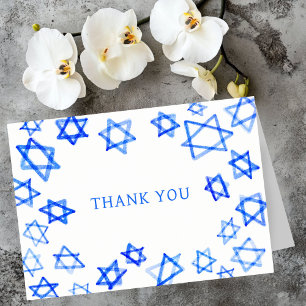 Watercolor Fun Blue Star of David Bar Bat Mitzvah  Thank You Card