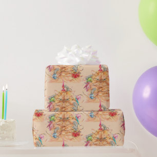 Watercolor Fun Cat Wrapped up in Christmas Wrapping Paper