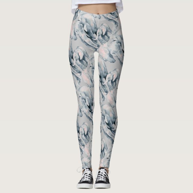 Watercolor Fun Elephant Family Cute Animal Art Leggings (Front)