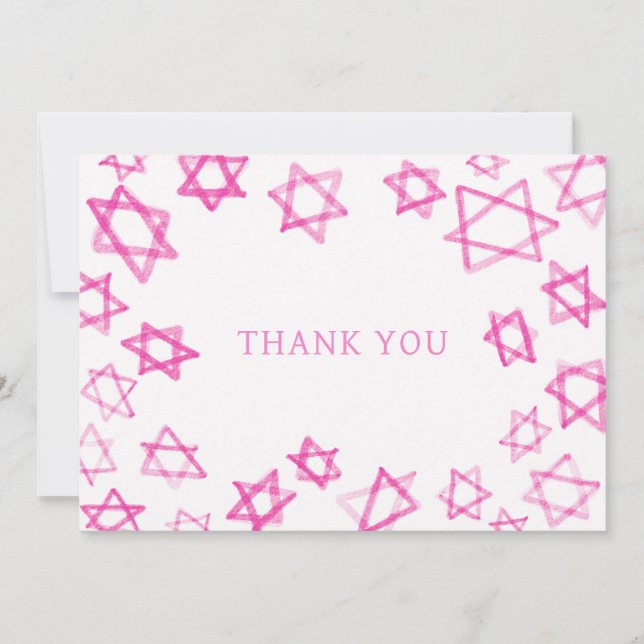 Watercolor Fun Pink Star of David Bar Bat Mitzvah  Thank You Card (Front)