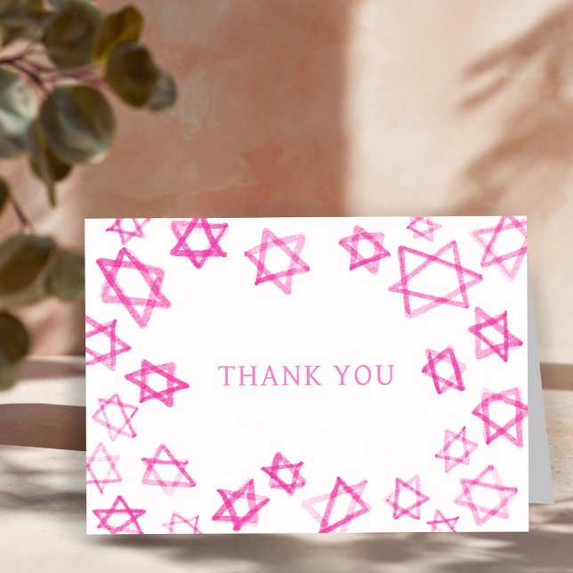 Watercolor Fun Pink Star of David Bar Bat Mitzvah  Thank You Card (Watercolor Fun Pink Star of David Bar Bat Mitzvah Jewish Thank You Card
)