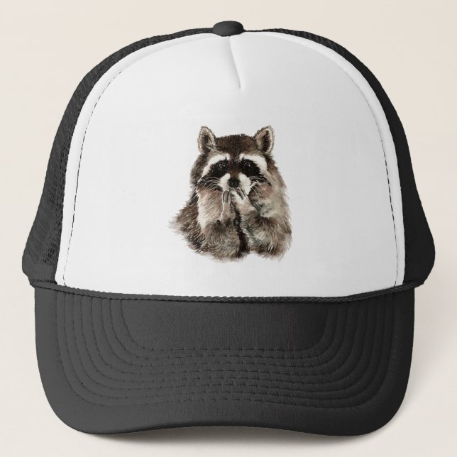 Watercolor Fun Racoon Animal Wildlife Nature Art Trucker Hat (Front)