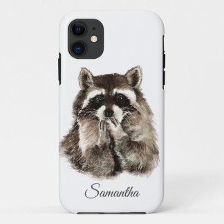 Watercolor Fun Racoon Blowing Kisses Custom Name iPhone 11 Case